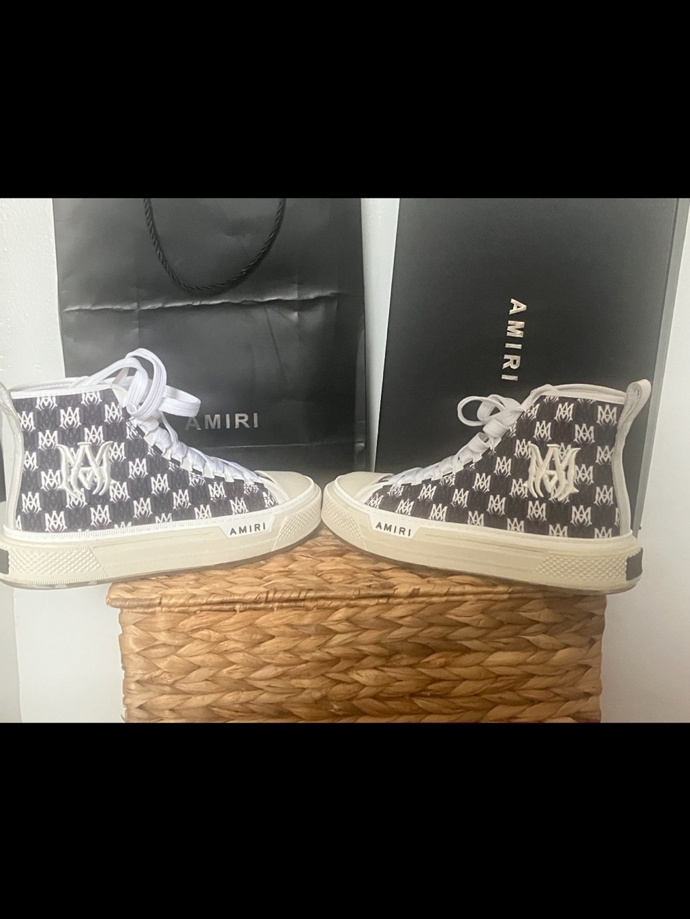 AMIRI Black & White Monogram Canvas High-Top Mens Sneakers